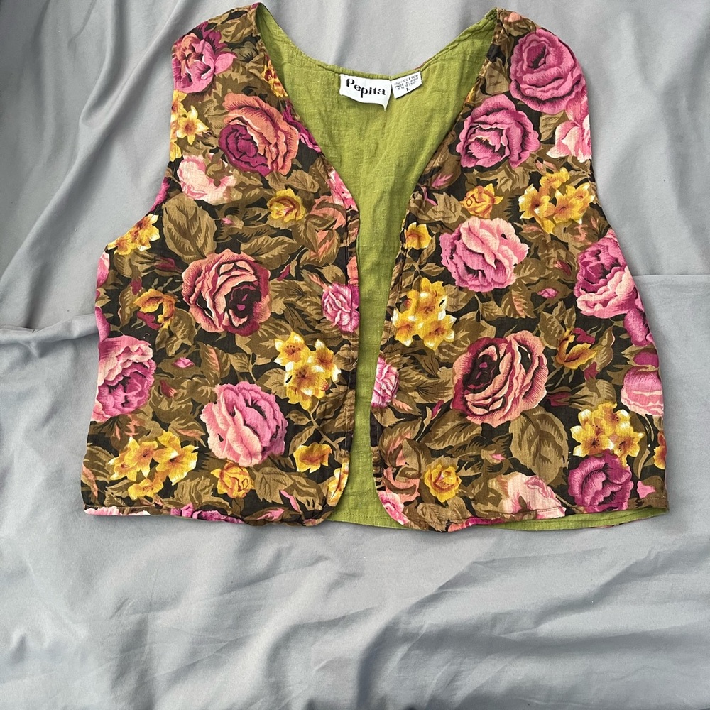 Pepita flower vintage vest size L [D-33]